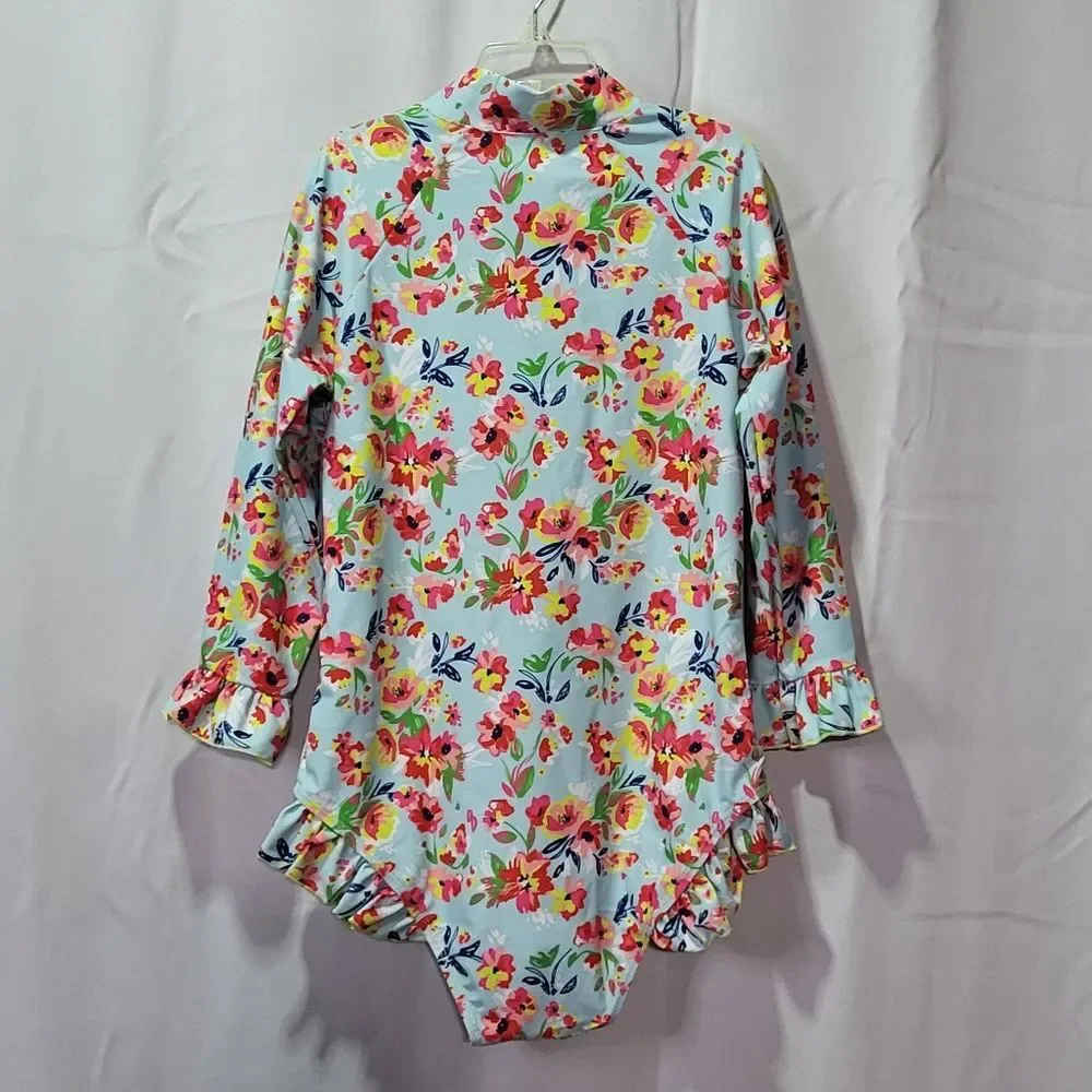 Girls Blue Floral One Piece Long Sleeve Ruffle Swimsuit Size 3XL